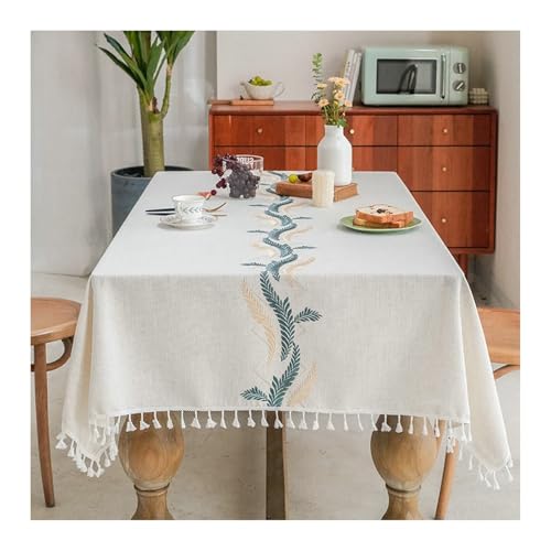 Abwaschbare Tischdecke 140x220CM, Baumwollleinen Tischdecke Blätter Lapisgrün Tablecloth Rechteck von Skcess