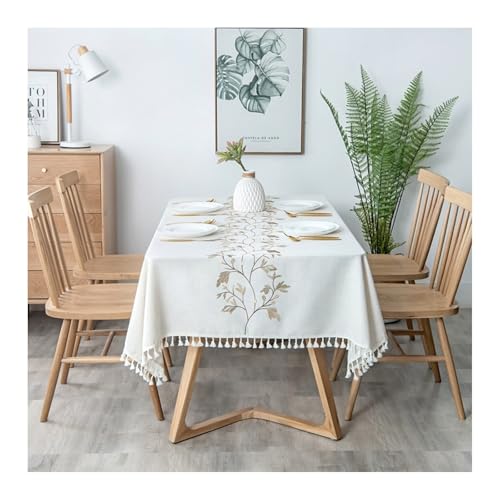 Abwaschbare Tischdecke 140x260CM, Polyester Abwaschbare Tischdecke Gesticktes Blatt Mit Quaste Khaki Beige Tischdecke Rechteck von Skcess