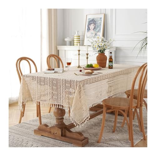 Abwaschbare Tischdecke Beige, Baumwollspitze Tischdecke Hohlstreifen Mit Quaste Abwaschbare Tischdecke Rechteck 140x220CM von Skcess