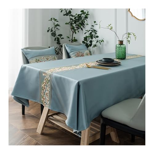 Abwaschbare Tischdecke Blau, Polyester Abwaschbare Tischdecke Blume Bestickt Abwaschbare Tischdecke Rechteck 140x250CM von Skcess