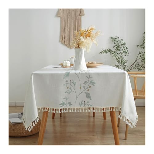 Abwaschbare Tischdecke Grün, Polyester Tablecloth Gesticktes Blatt Mit Quaste Abwaschbare Tischdecke Rechteck 140x220CM von Skcess