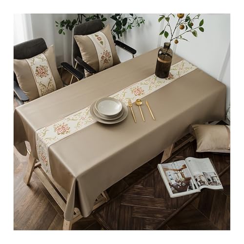 Abwaschbare Tischdecke Kaffee, Polyester Tischdecke Blume Bestickt Tischtuch Rechteck 140x240CM für Wohnzimmer, Esszimmer, Balkon, Garten von Skcess