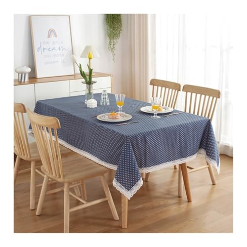 Abwaschbare Tischdecke Marineblau, Baumwollpolyester Tablecloth Weißer Punkt Mit Spitze Tischtuch Rechteck 100x140CM von Skcess