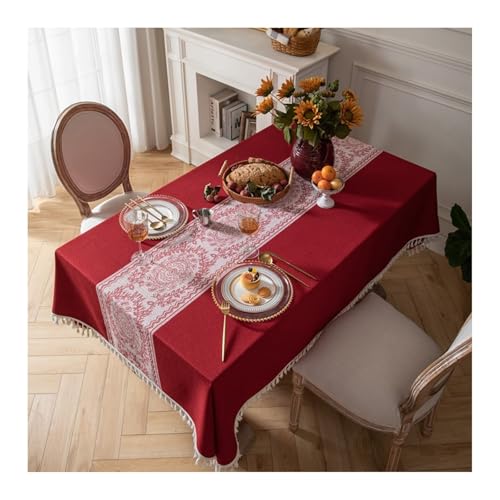 Abwaschbare Tischdecke Rot, Polyester Tischdecke Vintage Blume Mit Quaste Tischtuch Rechteck 140x300CM von Skcess