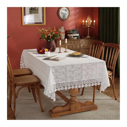 Abwaschbare Tischdecke Weiß, Baumwolle Tischdecke Outdoor Bestickte Spitze Tablecloth Rechteck 150x300CM von Skcess