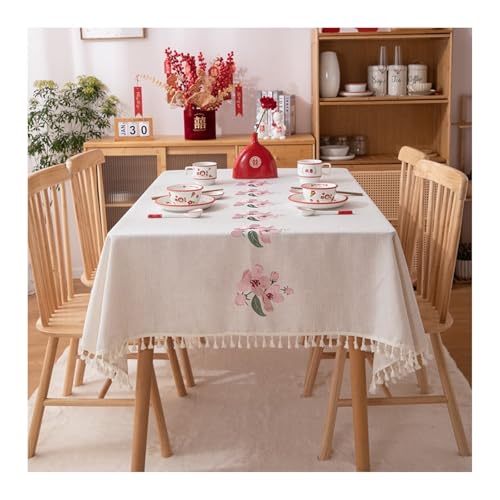 Skcess Abwaschbare Tischdecke 140x220CM, Polyester Tablecloth Blume Mit Quaste Beige Pink Tablecloth Rechteck von Skcess