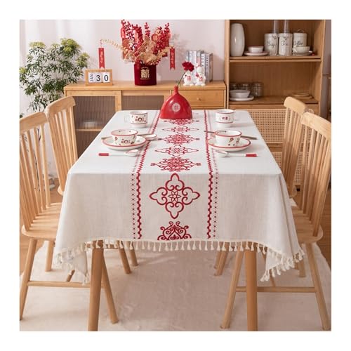 Skcess Abwaschbare Tischdecke 140x260CM, Polyester Tischtuch Blume Mit Quaste Beige Rot Tablecloth Rechteck von Skcess