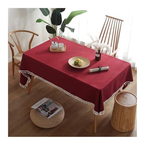 Skcess Tischtuch Rot, Polyester Tablecloth Einfarbig Mit Quaste Tablecloth Rechteck 100x140CM für Wohnzimmer, Esszimmer, Balkon, Garten von Skcess