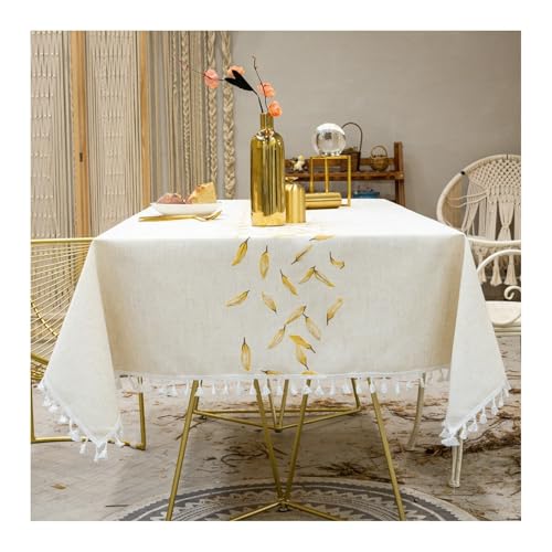 Tablecloth 110x170CM, Baumwollleinen Tischdecke Abwaschbar Stickerei Gold Tablecloth Rechteck für Wohnzimmer, Esszimmer, Balkon, Garten von Skcess