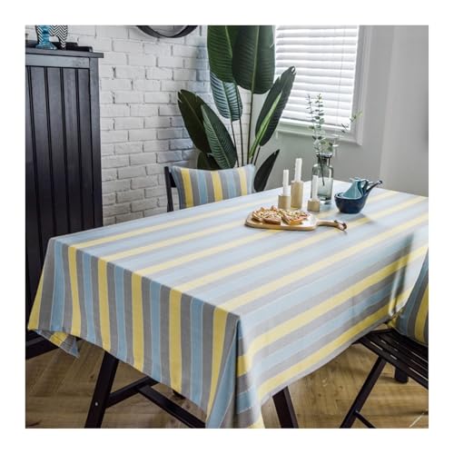 Tablecloth 135X220CM, Leinen Abwaschbare Tischdecke Streifen Blau Grau Gelb Tablecloth Rechteck für Wohnzimmer, Esszimmer, Balkon, Garten von Skcess