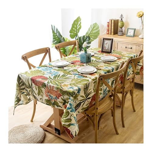 Tablecloth 140x250CM, Baumwolle Tischdecke Tropischer Regenwald Pflanze Blume Blatt Beige Grün Blau Tischdecke Abwaschbar Rechteck von Skcess