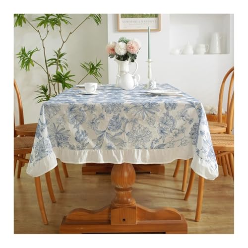 Tablecloth 140x260CM, Baumwolle Tablecloth Gestickte Blume Blau Weiß Tischdecke Rechteck für Wohnzimmer, Esszimmer, Balkon, Garten von Skcess