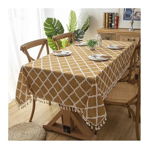 Tablecloth Gelb, Baumwolle Tischdecke Raute Mit Quaste Abwaschbare Tischdecke Rechteck 140x200CM für Wohnzimmer, Esszimmer, Balkon, Garten von Skcess