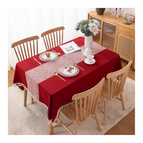 Tablecloth Rot, Polyester Tischdecke Outdoor Geometrisch Mit Quaste Tischtuch Rechteck 140x220CM für Wohnzimmer, Esszimmer, Balkon, Garten von Skcess