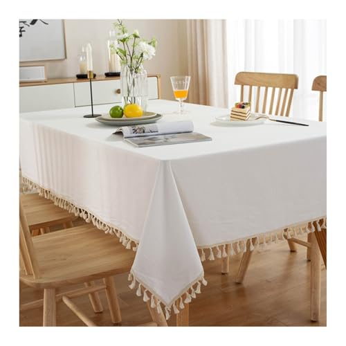 Tablecloth Weiß, Baumwolle Tischtuch Einfarbig Mit Quaste Tischdecke Quadrat 90x90CM für Wohnzimmer, Esszimmer, Balkon, Garten von Skcess