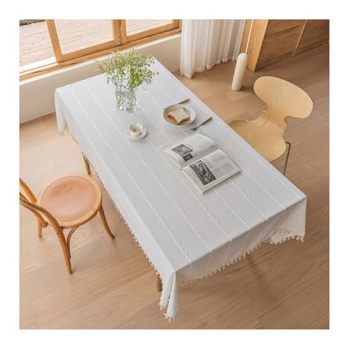 Tablecloth Weiß, Polyester Tischdecke Outdoor Streifen Mit Quaste Tischtuch Rechteck 140x250CM für Wohnzimmer, Esszimmer, Balkon, Garten von Skcess