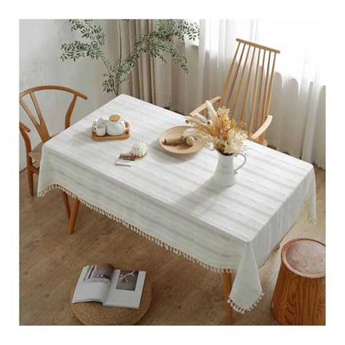 Tablecloth Weiß, Polyester Tischdecke Streifen Mit Quaste Tischdecke Rechteck 140x240CM von Skcess