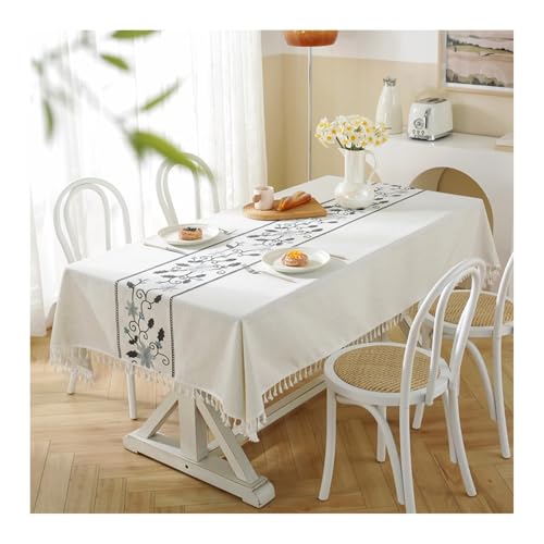 Tischdecke Abwaschbar 140x200CM, Polyester Tischdecke Blume Bestickt Weiß Grau Tablecloth Rechteck von Skcess