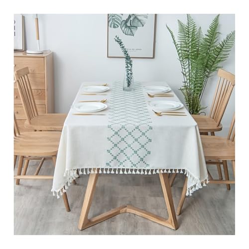 Tischdecke Abwaschbar 140x260CM, Polyester Tablecloth Raute Mit Quaste Grün Beige Abwaschbare Tischdecke Rechteck von Skcess