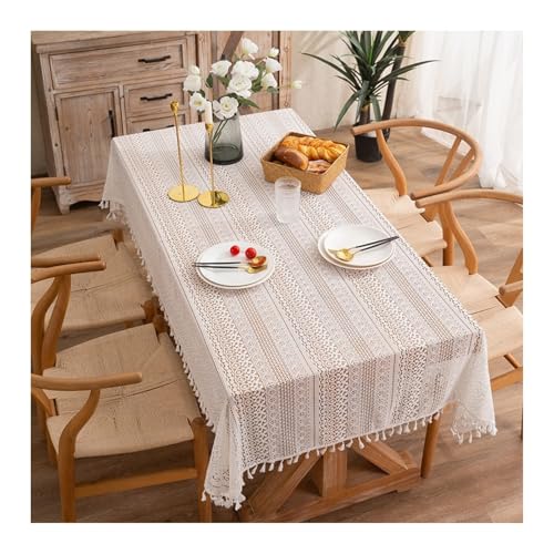 Tischdecke Beige, Baumwolle Tischdecke Outdoor Hohlspitzenblume Mit Quaste Tablecloth Rechteck 150x200CM von Skcess