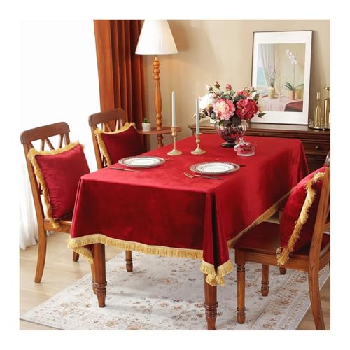 Tischdecke Rot, Polyester Abwaschbare Tischdecke Samt Mit Quaste Tischdecke Rechteck 140x160CM von Skcess