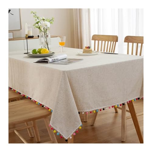 Tischtuch Beige, Baumwollspitze Tischdecke Einfarbig Mit Quaste Tablecloth Rechteck 140x160CM für Wohnzimmer, Esszimmer, Balkon, Garten von Skcess