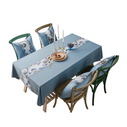 Tischtuch Blau, Baumwollleinen Tischtuch Stickerei Tischtuch Rechteck 135X300CM für Wohnzimmer, Esszimmer, Balkon, Garten von Skcess