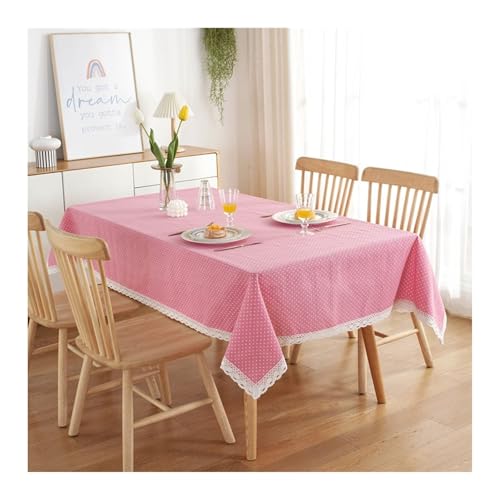 Tischtuch Rosa, Baumwollpolyester Tischdecke Abwaschbar Weißer Punkt Mit Spitze Tablecloth Rechteck 120x160CM von Skcess