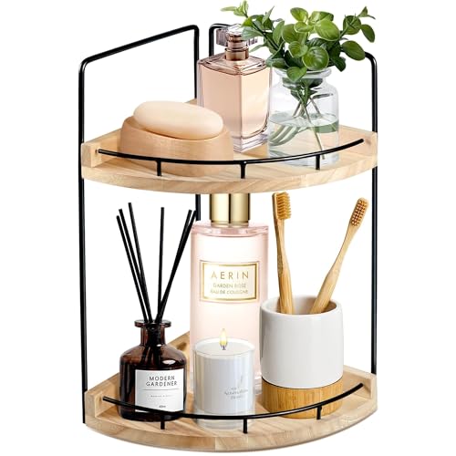 Skdvy 2/3-stöckiger Badezimmer-Theken-Organizer, Badezimmer-Thekentablett und Waschtisch-Organizer, Eck-Arbeitsplatten-Organizer aus Holz for Badezimmer, Küche, Kommode(Rustic Wood,2 Tier) von Skdvy