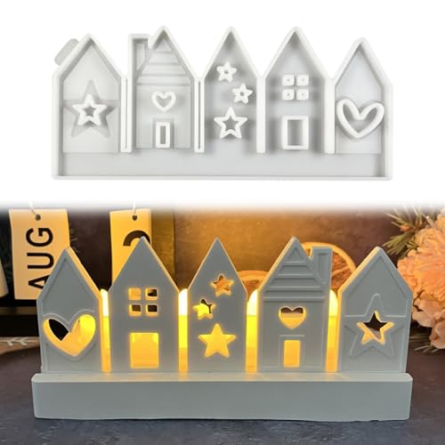 Halloween Silikonformen Gießformen, Silikonform Kerzenhalter Haus mit Sterne Mond Herzen Fenster, Gipsformen zum Gießen Einsatz, DIY Fünf Miteinander Verbundene Häuser Silikonformen (1pcs) von Skeadex