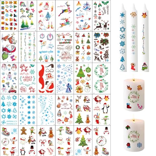 Skeadex 30 Stück kerzensticker Kerzentattoos Weihnachten (300+ Muster), Kerzen Sticker Weihnachten, DIY Wasserschiebefolie Kerzen, Kerzenaufkleber Weihnachts Sticker für Kerze Tasse Dekorieren von Skeadex