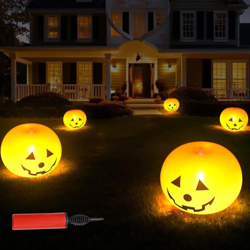 Skeadex Halloween Luftballons mit LED Licht, 5/20 Stück Halloween Deko Aufblasbarer Kürbis Ballons, Halloween Leuchtender Ballons für Innen Außenbereich Rasen Garten Deko (20pcs Always-on-Modus) von Skeadex