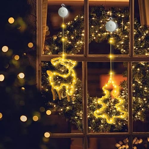 Skeadex LED Weihnachtsbeleuchtung, LED Fenster Lichterkette Batteriebetriebene mit Saugnäpfe, Weihnachtsbaum Hirsch Glöckchen, für Weihnachten Deko, Balkon, Party, Hochzeit (Elch+Weihnachtsbaum) von Skeadex