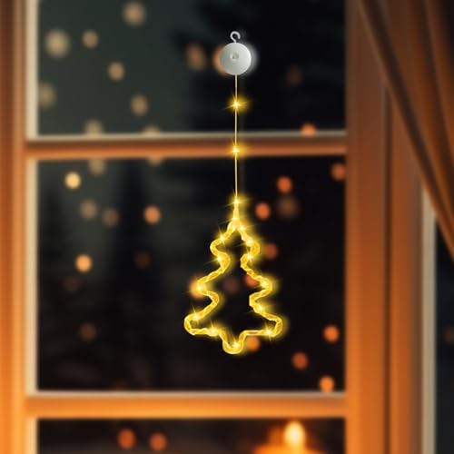 Skeadex LED Weihnachtsbeleuchtung, LED Fenster Lichterkette Batteriebetriebene mit Saugnäpfe, Weihnachtsbaum Hirsch Glöckchen, für Weihnachten Deko, Balkon, Party, Hochzeit (Weihnachtsbaum) von Skeadex