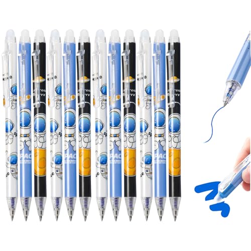 Skeadex Radierbarer Kugelschreiber Stifte Set, 6 Stück Astronaut Cartoon Löschbarer Stift, Blau/Schwarz Radierbare Stifte, 0.5MM Radierbarer Gelschreiber (12*Blau Tinte) von Skeadex