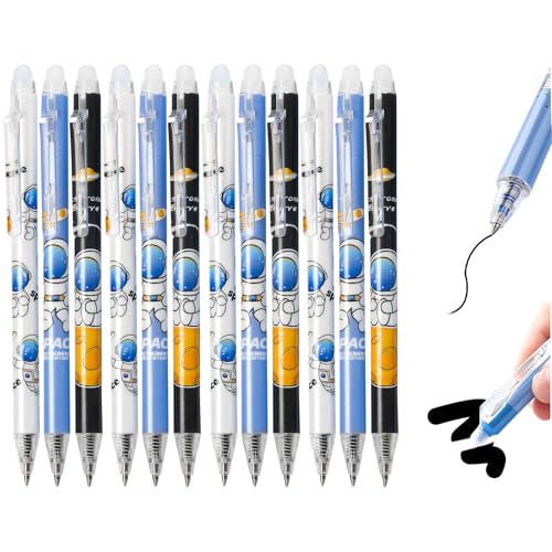 Skeadex Radierbarer Kugelschreiber Stifte Set, 6 Stück Astronaut Cartoon Löschbarer Stift, Blau/Schwarz Radierbare Stifte, 0.5MM Radierbarer Gelschreiber (12*Schwarz Tinte) von Skeadex