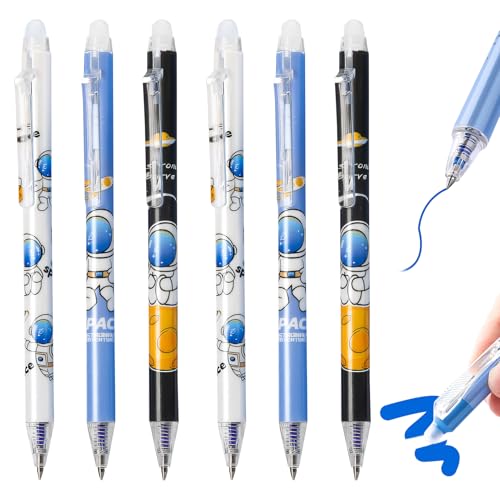 Skeadex Radierbarer Kugelschreiber Stifte Set, 6 Stück Astronaut Cartoon Löschbarer Stift, Blau/Schwarz Radierbare Stifte, 0.5MM Radierbarer Gelschreiber (6*Blau Tinte) von Skeadex