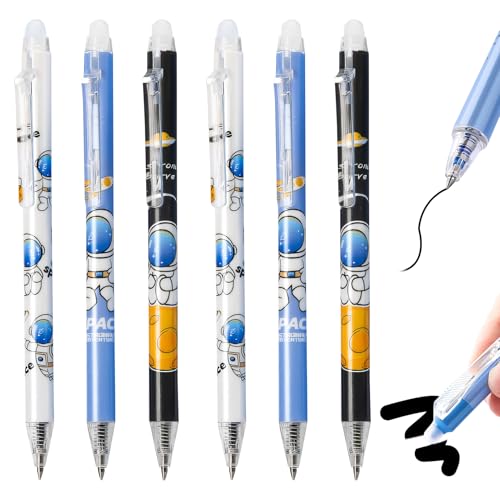 Skeadex Radierbarer Kugelschreiber Stifte Set, 6 Stück Astronaut Cartoon Löschbarer Stift, Blau/Schwarz Radierbare Stifte, 0.5MM Radierbarer Gelschreiber (6*Schwarz Tinte) von Skeadex