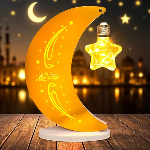 Skeadex Ramadan Deko Lampe,17cm Mondlampe LED Ramadan Dekoration mit Holz Sokel,Halbmond Lampe Muslim Ramadan Lichterkette Batteriebetrieben, Mond Stern Nachtlichter für Eid Mubarak Deko von Skeadex