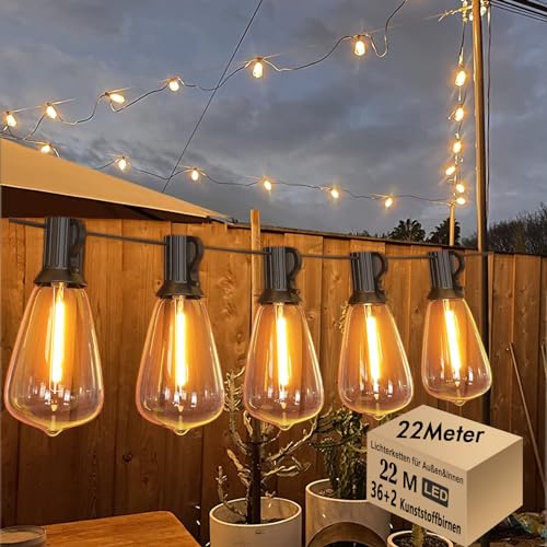 22M Lichterkette Außen LED Lichterkette außen strom mit 36+2 Stk. Warmweiße ST38 Plastik Glühbirnen, IP44 Wasserdicht Innen/Außen Lichterketten für Pergola Partys Garten Hochzeiten von Skeerei