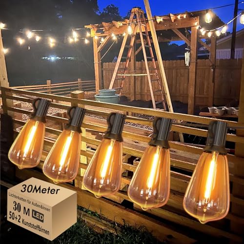 LED Lichterkette Außen 30M Lichterkette außen strom mit 50+2 Stk. Warmweiße ST38 Glühbirnen Plastik, IP44 Wasserdicht Innen/Außen Lichterketten für Pergola, Hochzeiten, Partys von Skeerei