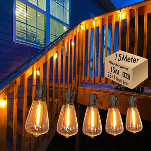 Skeerei 15M Lichterkette Außen LED ST38 Edison Outdoor Lichterkette wasserdicht IP44 mit 25+1 Plastikbirne Wasserdicht Hängende Glühbirnen Lichter für Pergola Party Warmweiß [Energieklasse G] von Skeerei