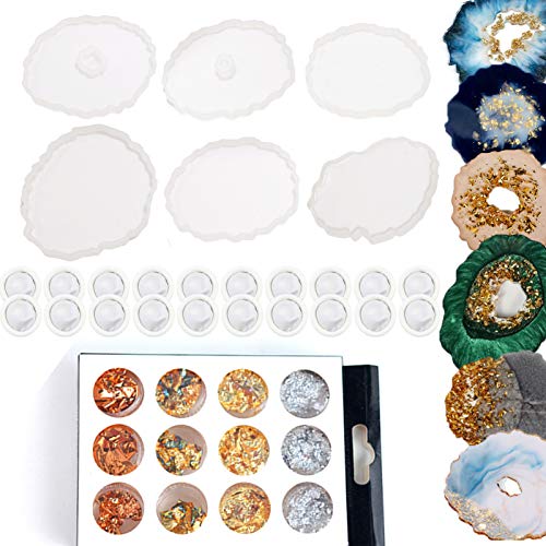 SkingHong Silikonformen Epoxidharz Untersetzer - [6 Irregulär Untersetzer Harz Gießen Formen, 12x Flocken Blattgold, 20stk Fingerlinge] Resin Art Set von SkingHong