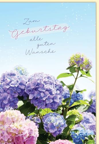 Geburtstagskarte Doppelkarte mit Hortensien Blumenmotiv und Schriftzug Zum Geburtstag alle guten Wünsche Klappkarte für Geburtstagswünsche mit umschlag von Skorpion