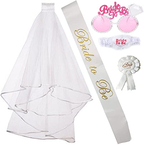 SkyPOOU Schleier für Junggesellinnenabschied, Schärpe für Brautparty, Brautparty, Brautparty, Brautschmuck, Strumpfband, Brautabzeichen, Schultergurt, 5-teiliges Set von SkyPOOU