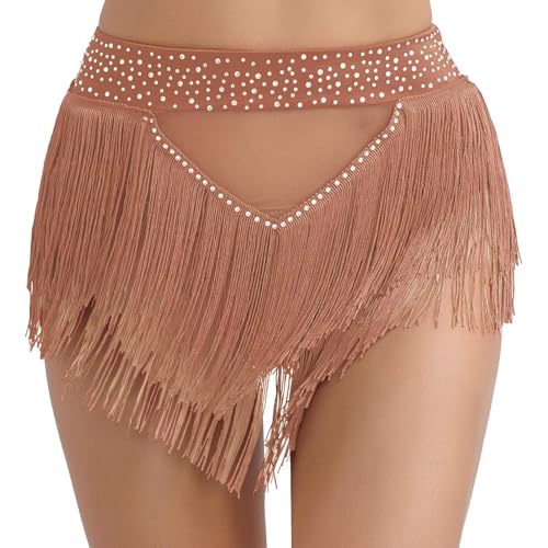 Bauchtanz HüFttuch Damen Ballett-Tanzkostüm mit Quaste, sexy Bauchtanz-Hose, hochelastisch, durchsichtig, Netzstoff, Slips, Unterwäsche, Tanzbekleidung Bauchtanz KostüM Damen(Brown,L) von SkyjOy