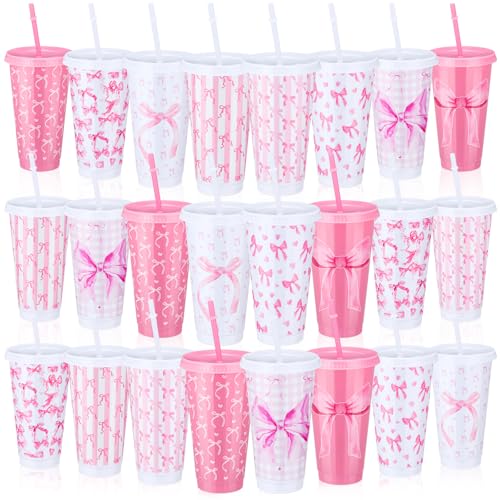 Skylety 24 Stück 680 ml Kokette-Partybecher mit rosa Schleife, Becher mit Strohhalm und Deckel, 8 Designs, wiederverwendbare Kunststoff-Reisebecher, Geschenk, Kokette, Party, Themen-Dekorationen, von Skylety