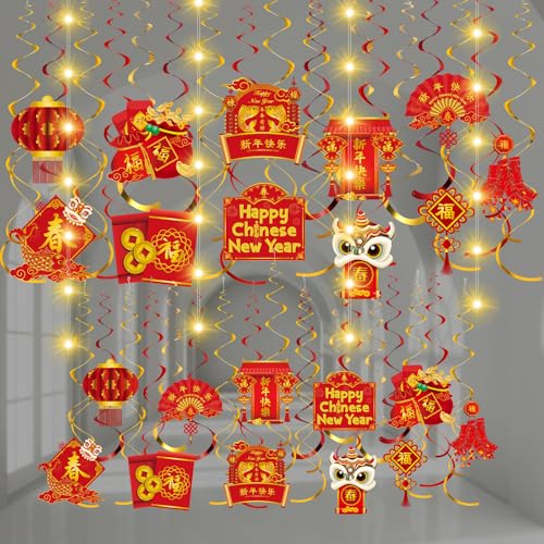 Skyygemm Happy Chinese New Year Hanging Decorations with Lights 2025 Lunar New Year Hanging Swirls Red and Gold Lanterns Chinese Knot Paper Cutouts Spring Festival Ceiling Streamers Party Supplies von Skyygemm