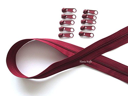 5m Reißverschluss endlos, Spirale 3mm + 15 Schieber/Zipper 32 Farben, Meterware (Bordeaux) von Slantastoffe