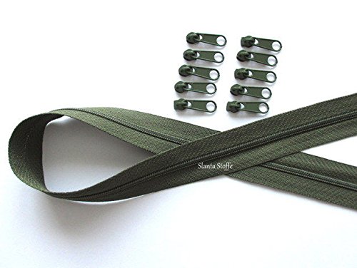 5m Reißverschluss endlos, Spirale 3mm + 15 Schieber/Zipper 32 Farben, Meterware (Olive) von Slantastoffe